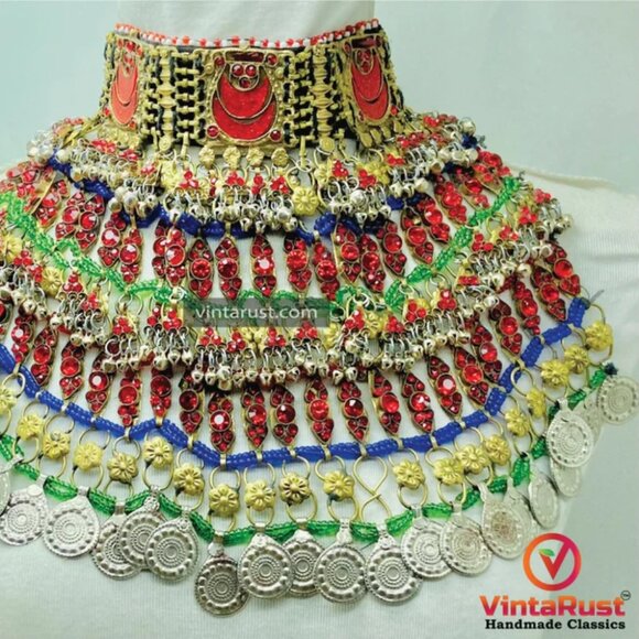 Ethnic Statement Choker Necklace With Red Glass Stones - Picture 7 of 11